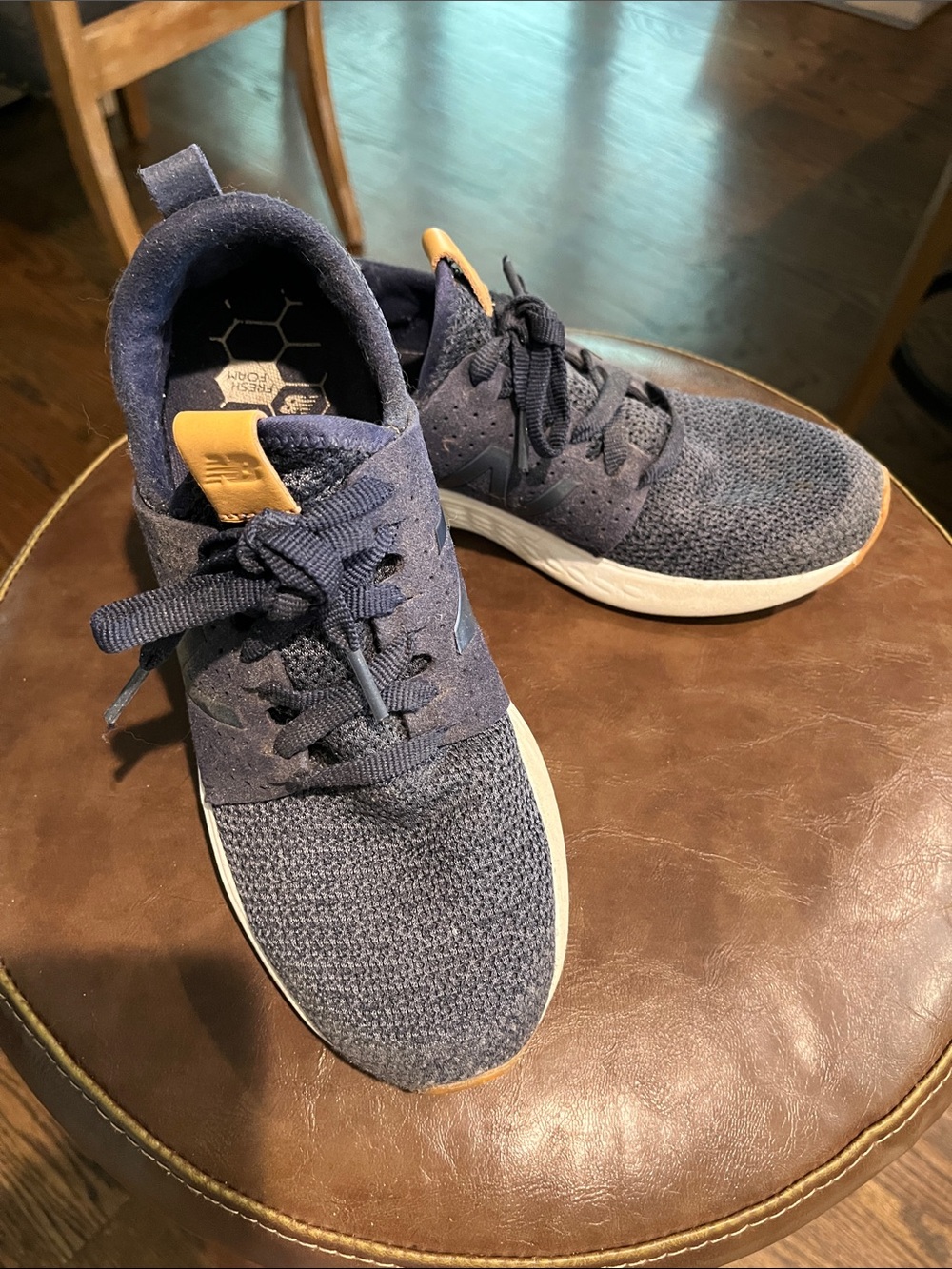New Balance women's Navy fresh foam Knit Sneakers with Tan Accent